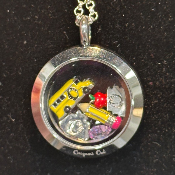 Origami Owl Living Locket TEACHER NECKLACE Bus Apple Books Two-Tone 22" Chain - Picture 5 of 11